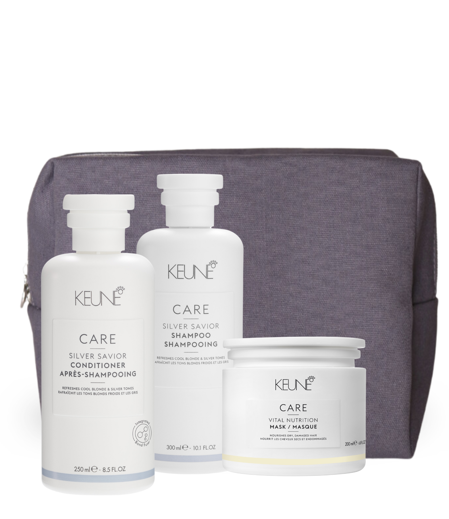 Set Keune Silver Savior avec un shampooing, un après-shampooing et un masque contre les tons jaunes.